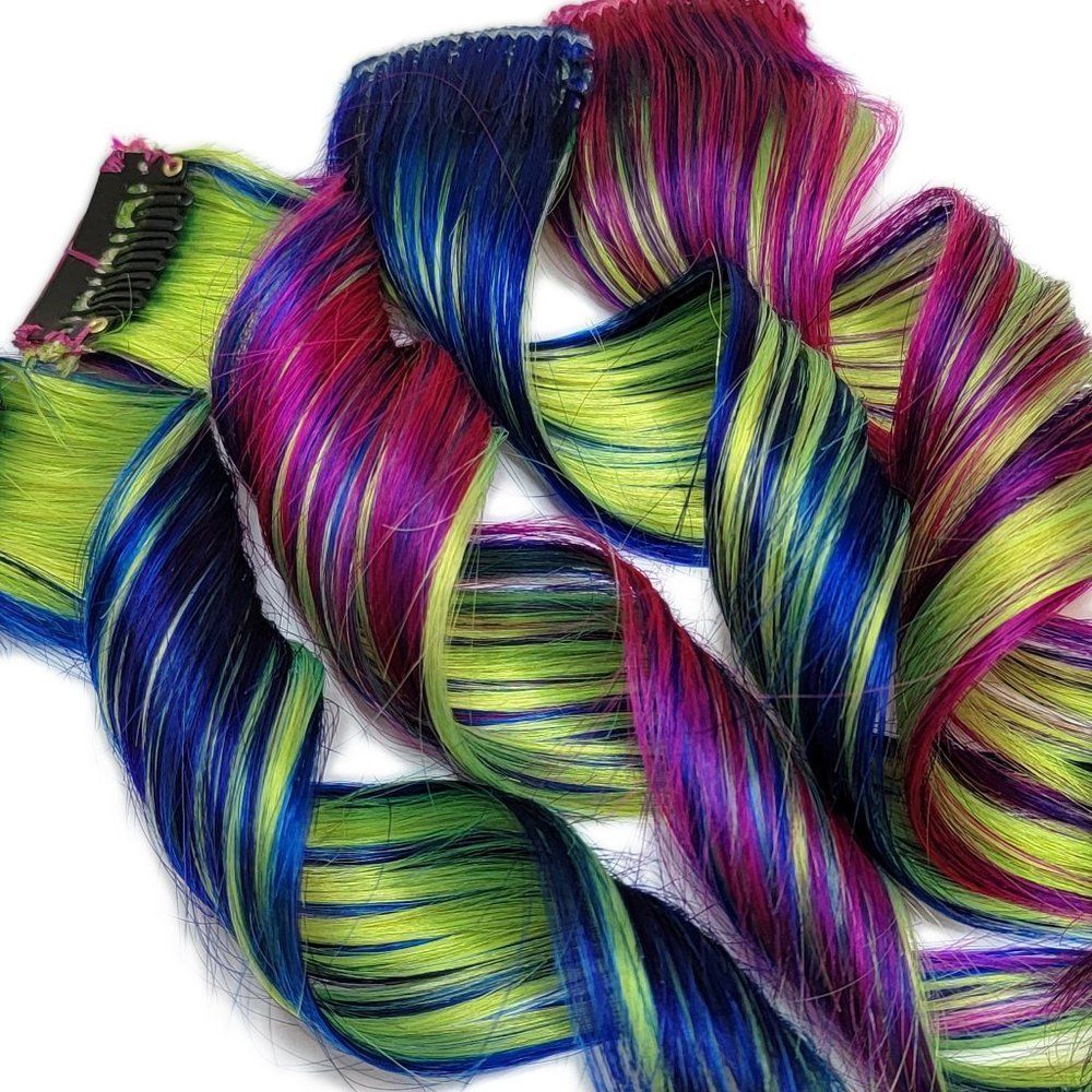 Blue Fuchsia Green Purple Double Drawn Clip in Remy Human Hair Extensions